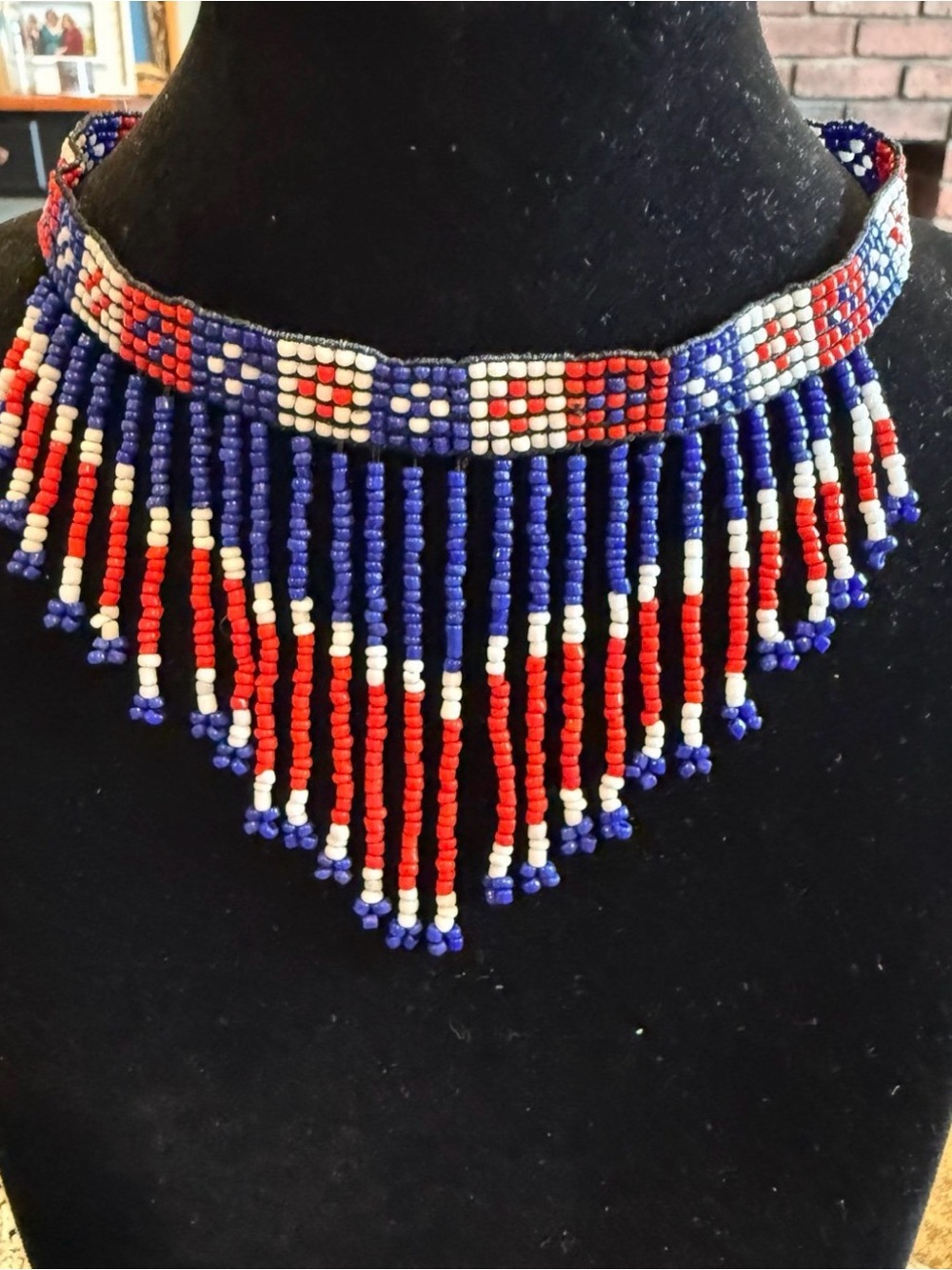 Beaded Fringe Choker Necklace - Red, White & Blue